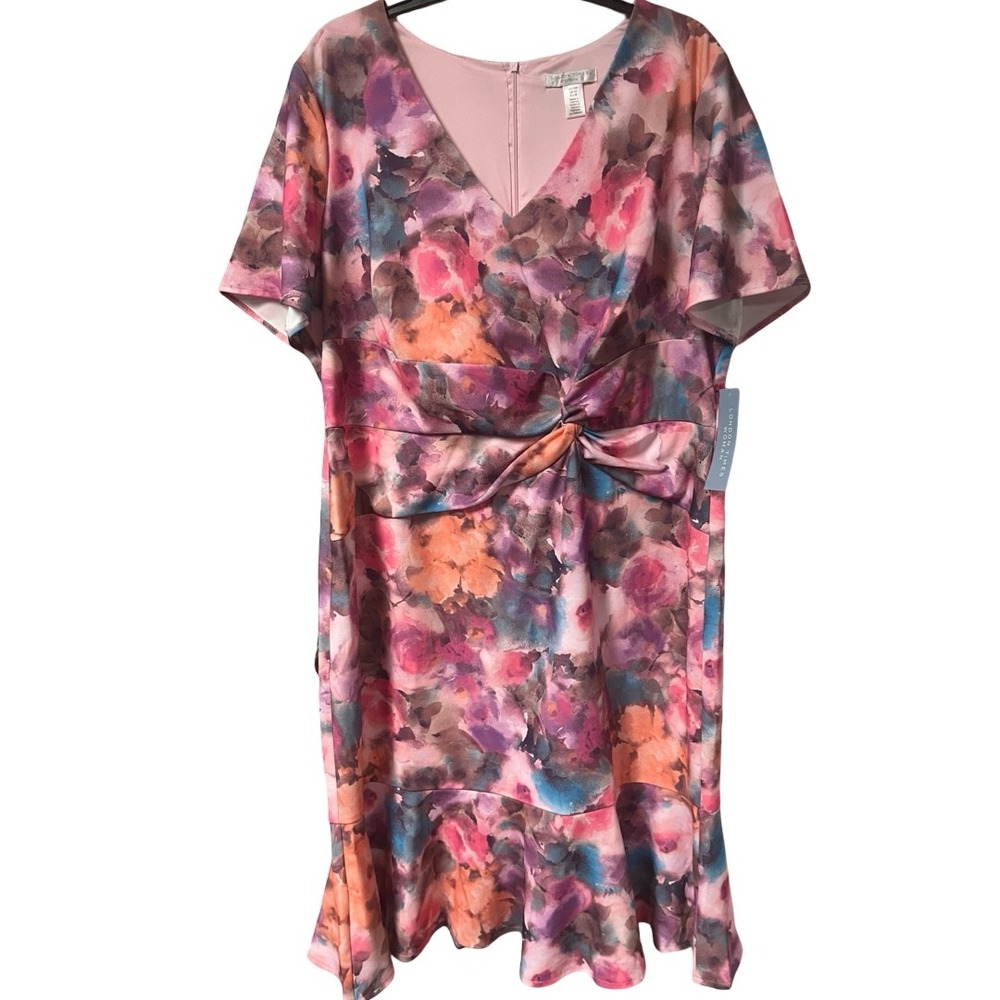 NWT London Times Woman Pink Multi Floral Twist Front Ruffle Hem Dress Size 18W‎
